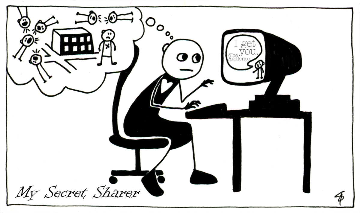 Woman at computer, thinking about her life